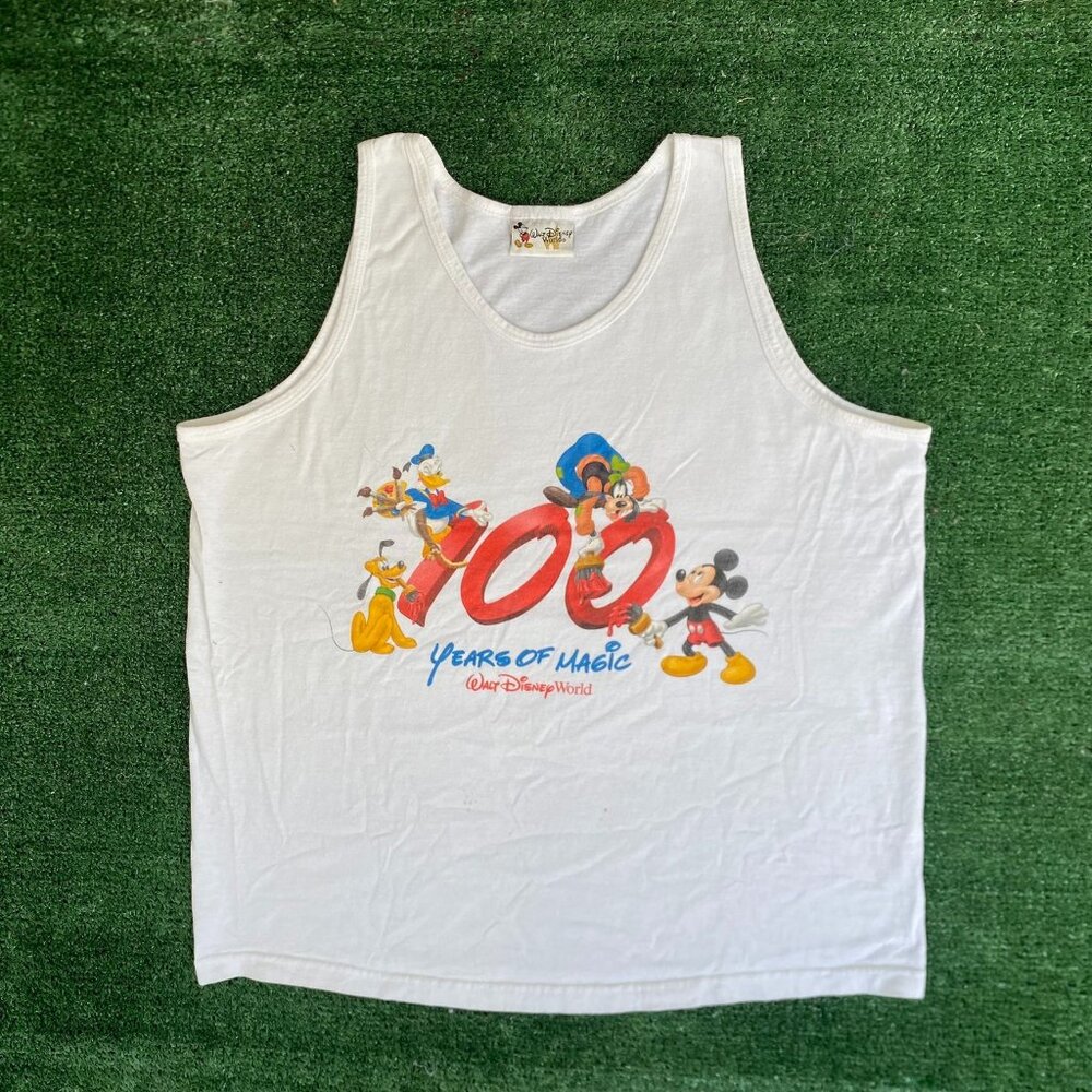 Vintage Y2K Walt Disney World Tank Top 100 Years Mickey White Goofy Pluto